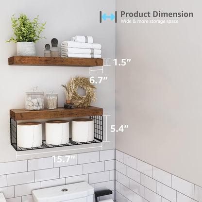 QEEIG Bathroom Shelves Over Toilet - Rustic Brown Wall Mounted Floating Shelves | Set of 2, 16 Inch for Farmhouse Decor
