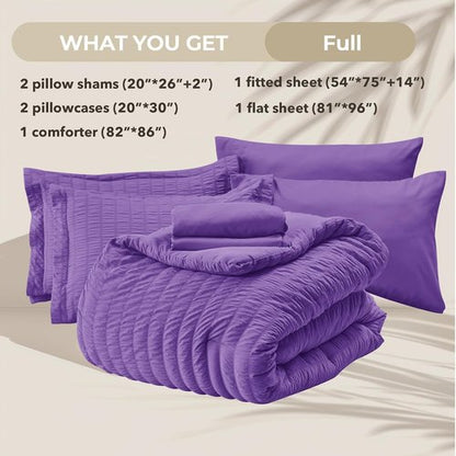 HYMOKEGE Comforter Set - Luxury 7-Piece Bedding Set in Bright Purple | All-Season Seersucker Design
