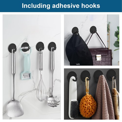 Diesisa Razor Holder 304 Stainless Steel for Shower + Adhesive Sticky Heavy Duty Waterproof Wall Hooks, Premium for Hanging Towels, Coat, hat (2+2 Pack) - Black