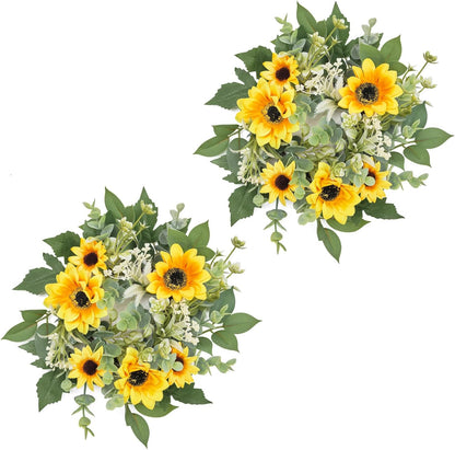 Skiennix Mini Spring Floral Candle Rings - 2 Pcs 9-Inch Yellow Sunflower Wreaths for Home Decor | Ideal for Weddings & Parties