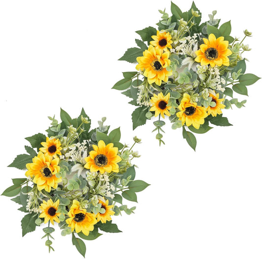 Skiennix Mini Spring Floral Candle Rings - 2 Pcs 9-Inch Yellow Sunflower Wreaths for Home Decor | Ideal for Weddings & Parties