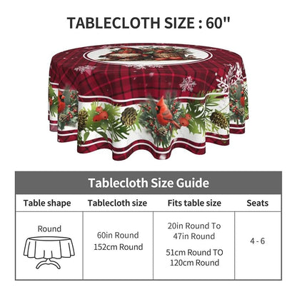 Christmas Bird Gnome Round Tablecloth 60 Inch - Red Plaid, Washable