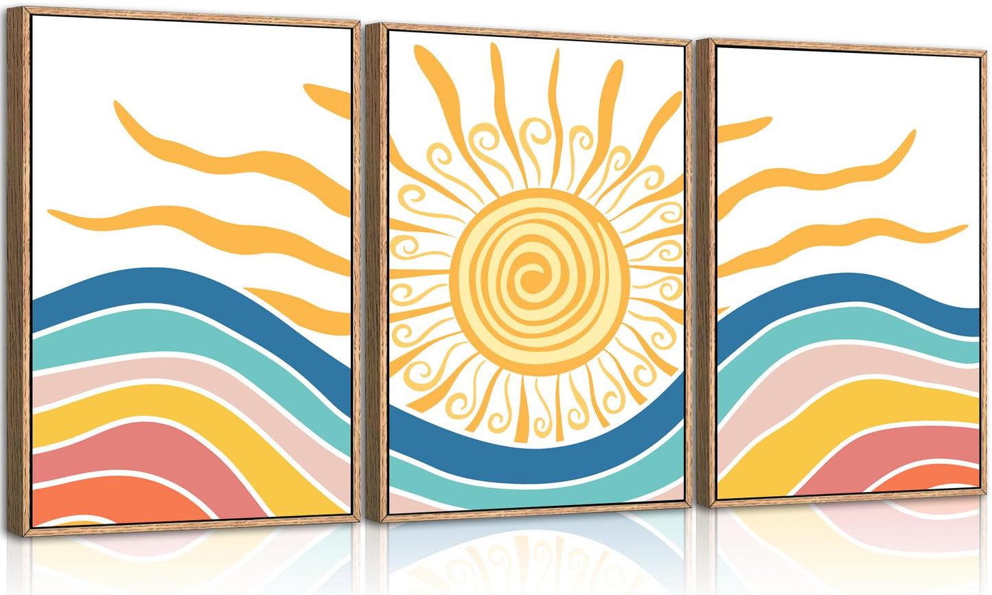 LNLAGBO Framed Boho Sunshine Wall Art Set of 3 Canvas Print Yellow Sun Rising on The Sea Minimalist Art,Mid Century Modern Boho Sun Wall Decor for Bedroom Living Room Office16 x24