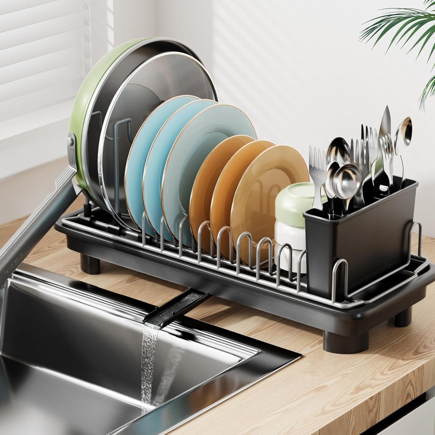 Small Dish Drying Rack by [Brand Name] - Compact Kitchen Drainer with Adjustable Back Slots | Space-Saving Black Design