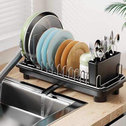 Small Dish Drying Rack by [Brand Name] - Compact Kitchen Drainer with Adjustable Back Slots | Space-Saving Black Design