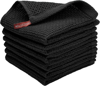 Skiennix 100% Cotton Waffle Weave Kitchen Towels - Ultra Soft & Absorbent, 6 Pack, 12x12 Inches | Black