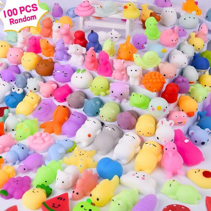 LEEHUR Kawaii Squishies - 100PCS Mini Mochi Stress Relief Toys for Kids Party Favors | Includes Storage Bag