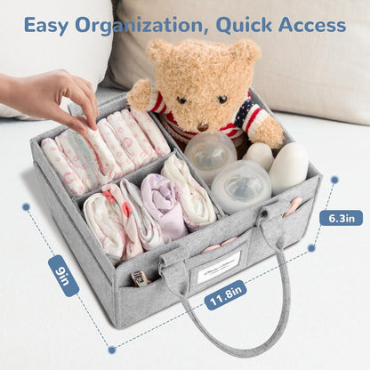 Skiennix Diaper Caddy Organizer - Collapsible Baby Basket with Handle & Photo Frame - Grey, 11.8 x 6.3 x 9.0 Inch