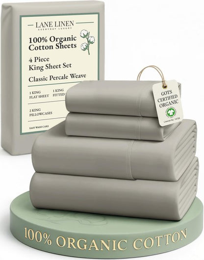 LANE LINEN 100% Organic Cotton King Sheet Set, 4Pc Cotton Sheets King Size, Soft & Comfy Percale Eco Friendly Sustainably Produced Bedding Sheets & Pillowcases, 15" Deep Pocket King Sheet Set - Silver