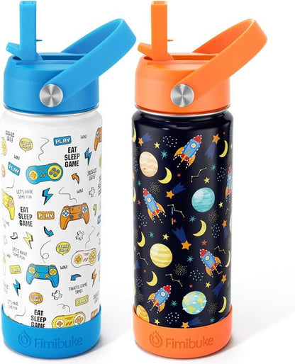 Fimibuke Kids Insulated Water Bottle - 18oz BPA-Free Double Wall Tumbler | Leak-Proof Design for School (2 Pack, Game + Space)
