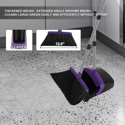 UDUK Broom and Dustpan Set, Large Household Dustpans and Broom with 55 Inch Long Handle, Pueple Broom with Dustpan Combo Set for Home