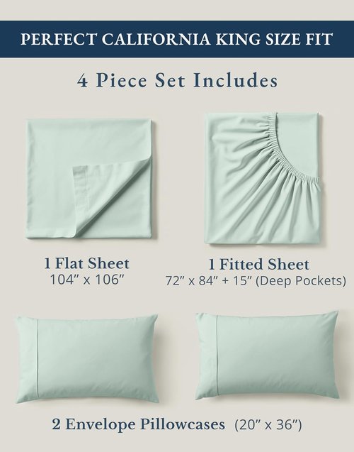 Lane Linen 100% Organic Cotton California King Sheets Set - Soft, Fade Resistant, Fully Elasticized | Cool Blue, Fits Mattresses Up to 15" Deep