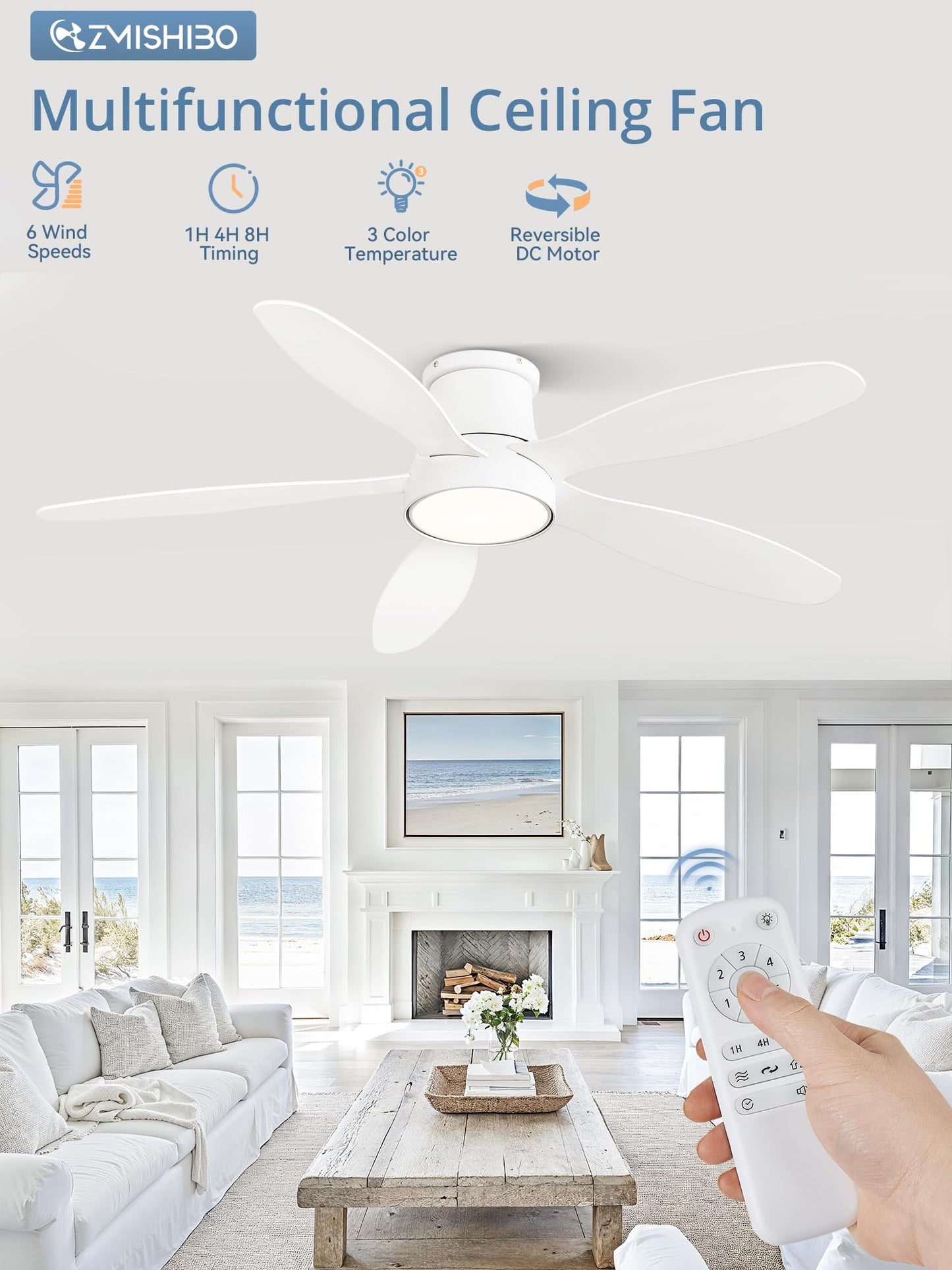 ZMISHIBO 52 Inch Flush Mount Ceiling Fans, Low Profile Ceiling Fan with Light and Remote, Modern LED Ceiling Fan Lighting Fixture for Bedroom, Kitchen, Indoor-White