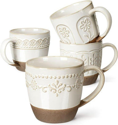 Artena Ceramic Coffee Mugs Set of 4 - 16oz Embossed Latte Cups | Dishwasher & Microwave Safe, White