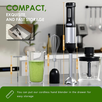 Skiennix Cordless Immersion Hand Blender - 5-in-1 Variable Speed, Rechargeable 2000mAh Battery, BPA-Free Accessories Included