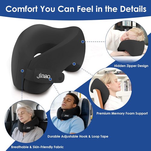 Jiaao Travel Pillow - Memory Foam Neck Support for Airplanes | Includes Eye Mask, Earplugs & Storage Bag