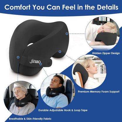 Jiaao Travel Pillow - Memory Foam Neck Support for Airplanes | Includes Eye Mask, Earplugs & Storage Bag