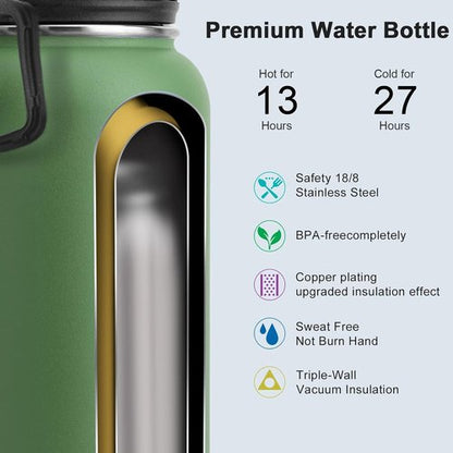 Koodee Insulated Water Bottle - 32 oz Stainless Steel Double Wall Vacuum Sport Bottle | Leakproof Spout Lid - Grass Green