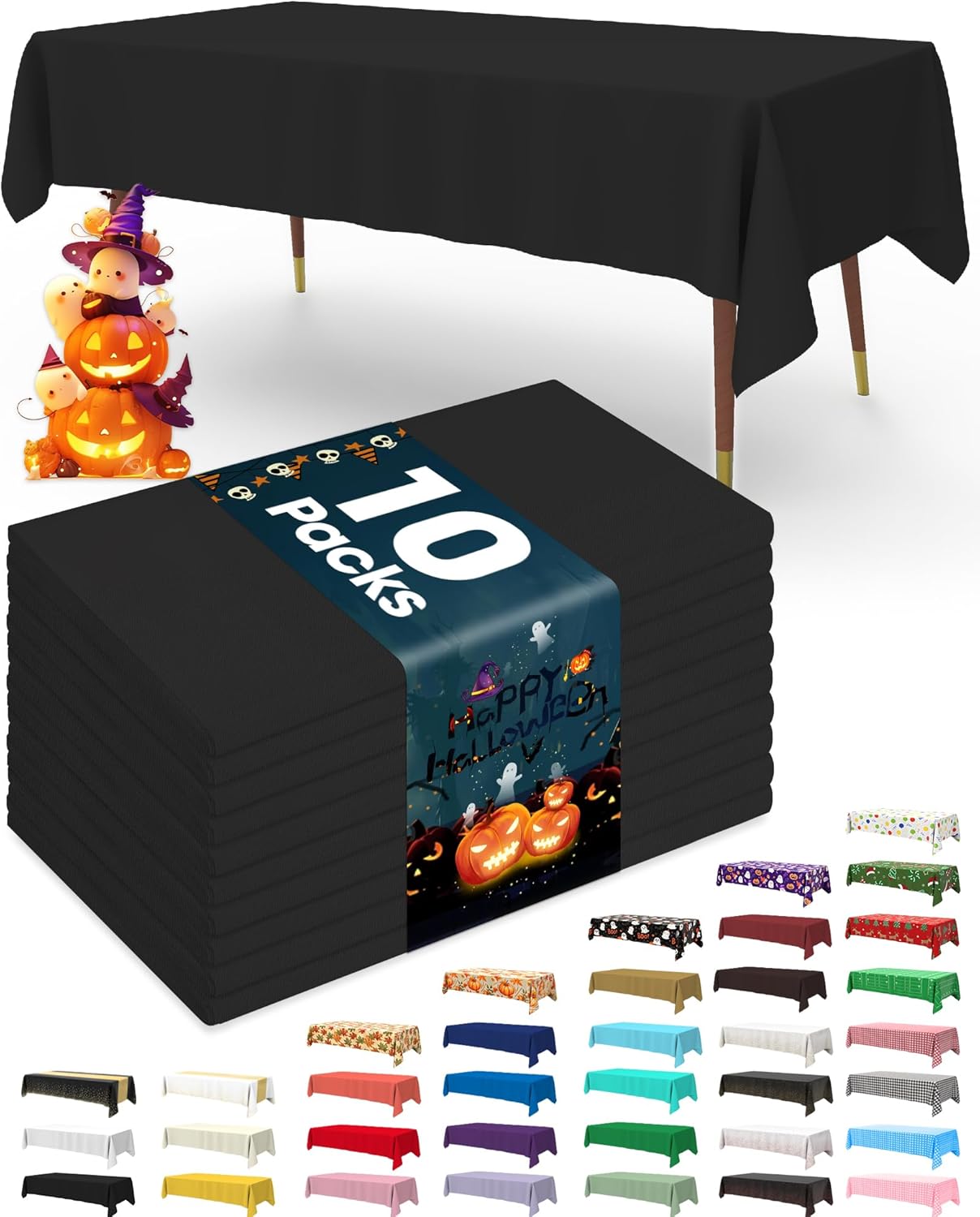 Pureegg Disposable Plastic Tablecloths - 10 Pack, Leakproof & Sturdy, 54 x 72 Inch, Black for Halloween Parties