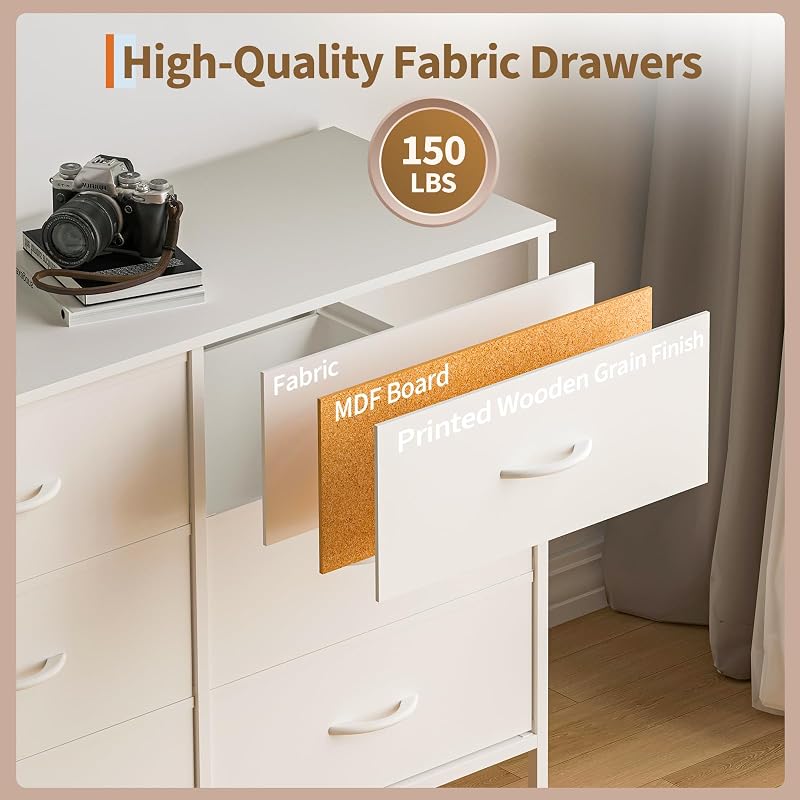 12-Drawer Long Fabric Dresser Wide Storage Chest TV Stand - White