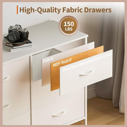 12-Drawer Long Fabric Dresser Wide Storage Chest TV Stand - White
