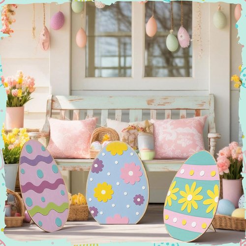 GlikCeil Easter Wooden Porch Sign - 3 Pcs 17'' Rustic Welcome Decor for Spring Outdoor Parties