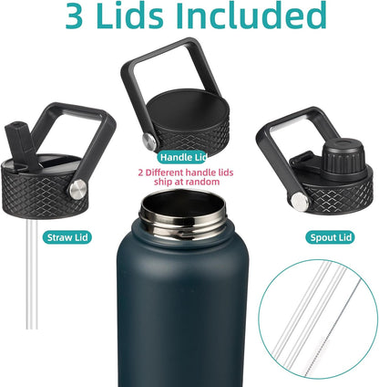 Skiennix 32 Oz Insulated Stainless Steel Water Bottle - Durable Sport Design, Navy Blue
