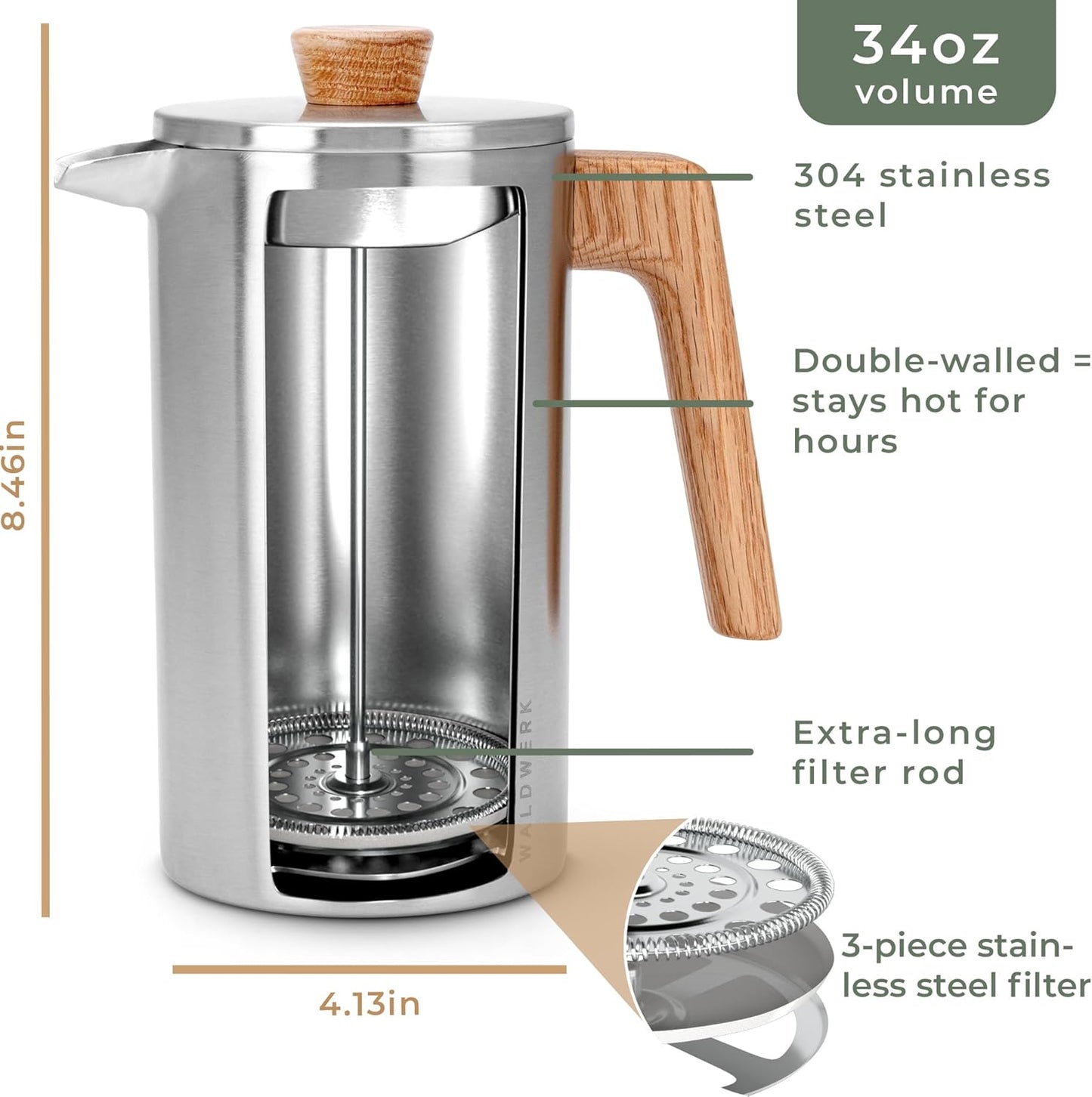 WALDWERK French Press Coffee Maker - 34 oz Non-Toxic Stainless Steel with Oak Wood Handle - Insulated Design