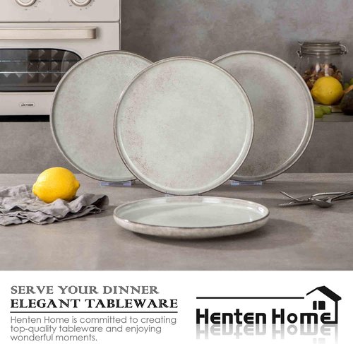 Henten Home 10-Inch Ceramic Dinner Plates - Set of 4 Fluted Round Porcelain Steak Plates | Scratch Resistant (Grey)