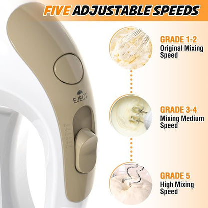 Hand Mixer - Skiennix 5-Speed Electric Kitchen Mixer with 5 Stainless Steel Accessories | Ivory