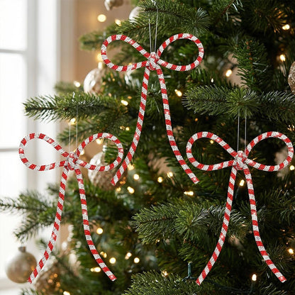 Regine Switzerland Handmade Rhinestone Christmas Bow Ornaments - Glitter Candy Cane Design | Red & Silver, Small, Reusable Holiday Décor