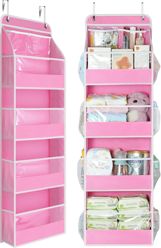 Yecaye 5-Tier Over The Door Organizer - Swing-Proof Hanging Storage with Clear PVC Windows | Bubblegum Pink