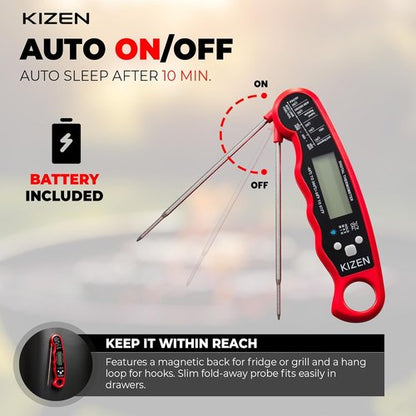 KIZEN Instant Read Meat Thermometer - Digital Cooking Thermometer with Large Backlit Display | Waterproof IP67