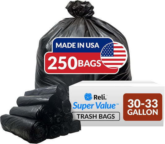 Reli. Heavy Duty 30-33 Gallon Trash Bags - 250 Count Bulk | Large Black Trash Bags Made in USA