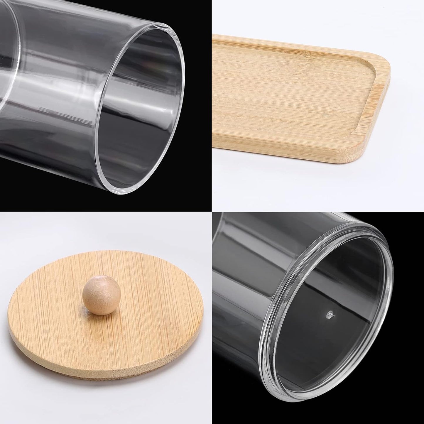 Tbestmax Cotton Swab Holder - Clear Apothecary Jar with Vanity Tray | 10 Oz, 3 Pack with Wood Lids