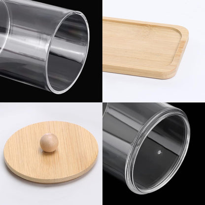 Tbestmax Cotton Swab Holder - Clear Apothecary Jar with Vanity Tray | 10 Oz, 3 Pack with Wood Lids