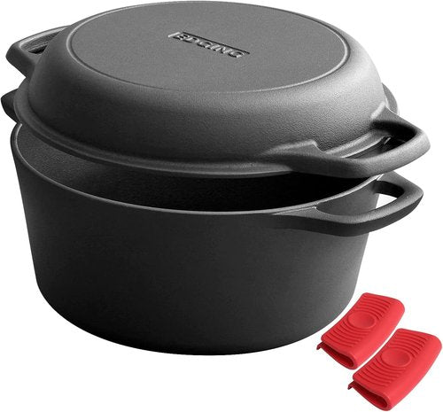 EDGING CASTING 2-in-1 Pre-Seasoned Cast Iron Dutch Oven & Skillet Lid | 7QT Versatile Cookware for Baking & Frying