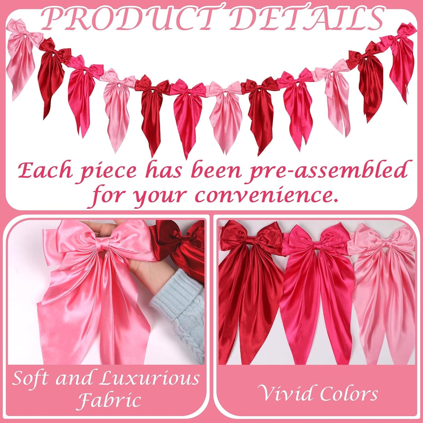 Skiennix Pink Bow Garland Banner - Satin Ribbon Decor for Fireplace | Perfect for Bachelorette, Bridal Shower & Birthday Parties (3 Red)
