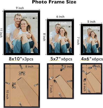 JCJMY Picture Frames Collage Set - 15 Pack Multi-Sized Wall Decor for Family Photos | Black