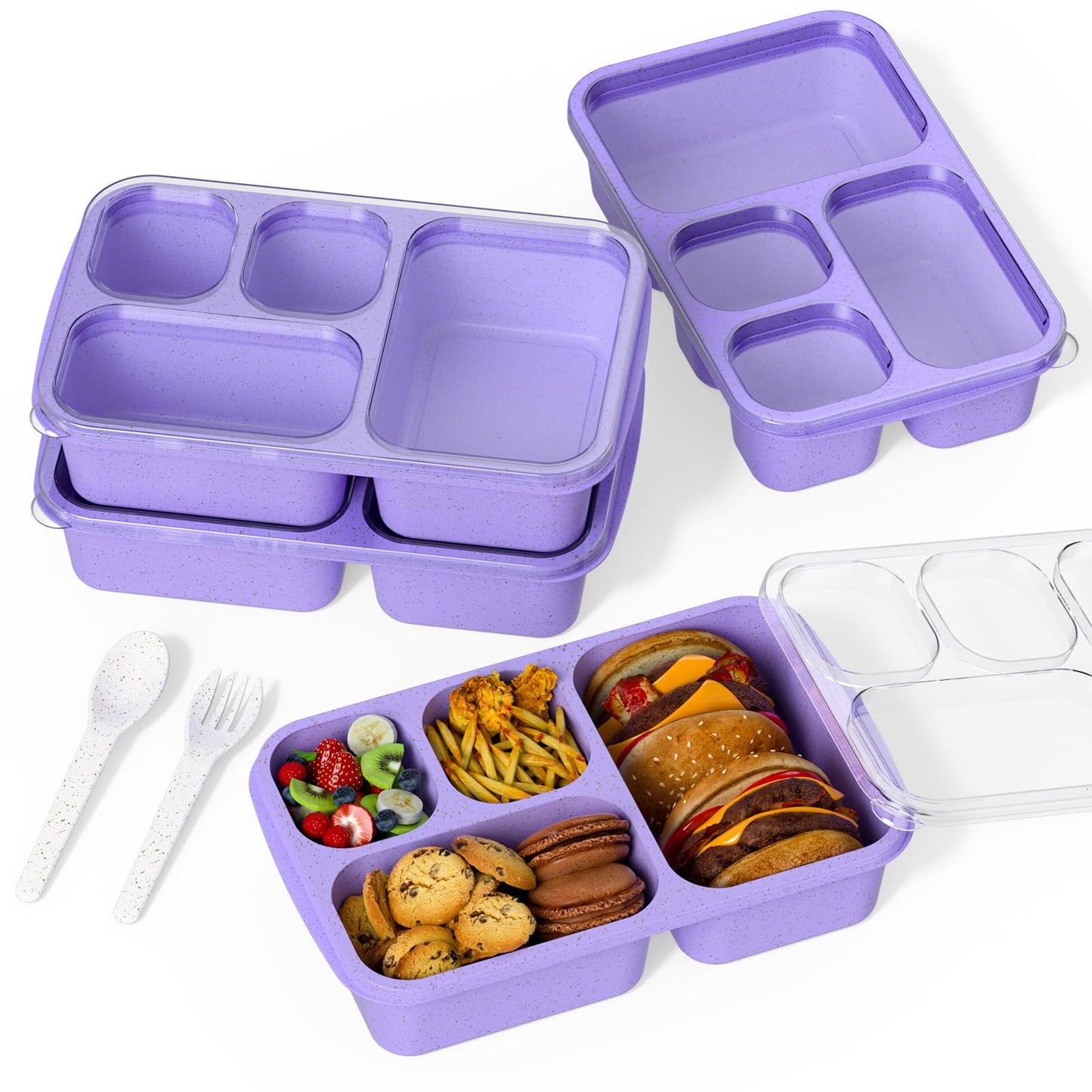 Bento Box for Adults and Snack Containers Set of 4 - Stackable, with 4 Compartments, Microwave & Dishwasher Safe, BPA Free - Reusable Meal Prep Containers for Kids and Adults (Purple)