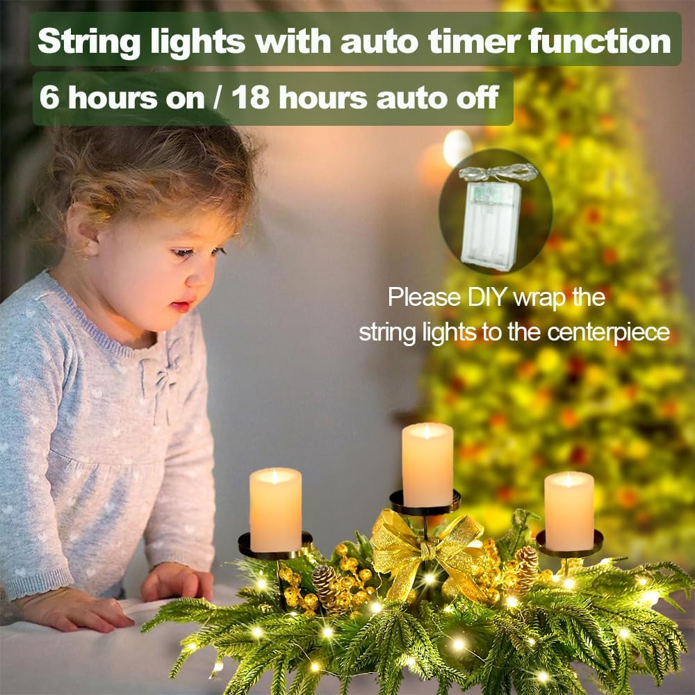 Skiennix Christmas Centerpiece - Elegant Candle Holders with Golden Glitter Bow & Pine Cones | 27.6" Table Decor