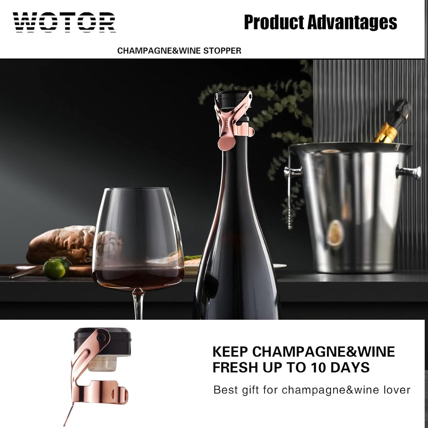 WOTOR Champagne&Wine Bottle Stoppers Stainless Steel with Food Grade Silicone, Leak Proof Keep Fresh Reusable Saver, Cork Suitable for Wine, Champagne, Cava, Prosecco and Sparkling (6 Pack Rosegold）