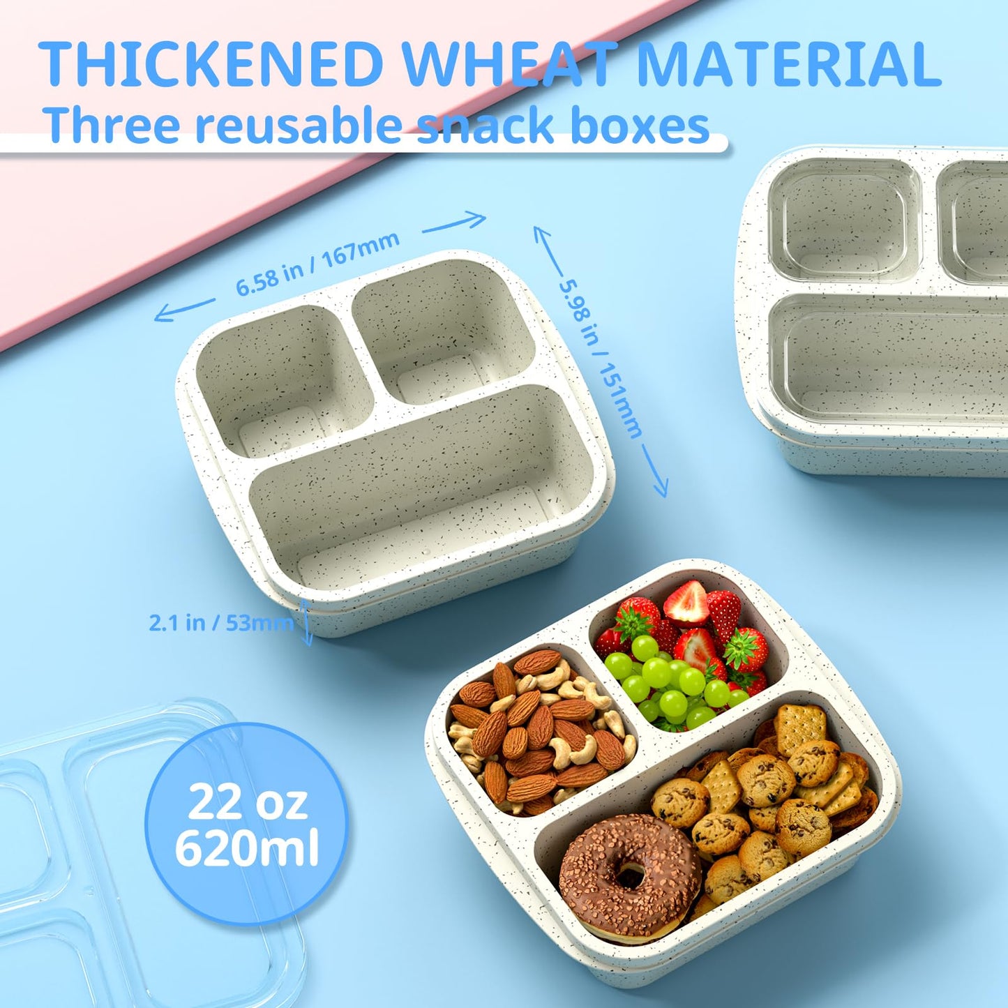 Enstphjoy Snack Boxes (3 Pack) - Stackable Bento Boxes with 3 Compartments, Meal Prep Containers Reusable, Lightweight Lunch Containers for Kids and Adults, BPA Free (Off White)