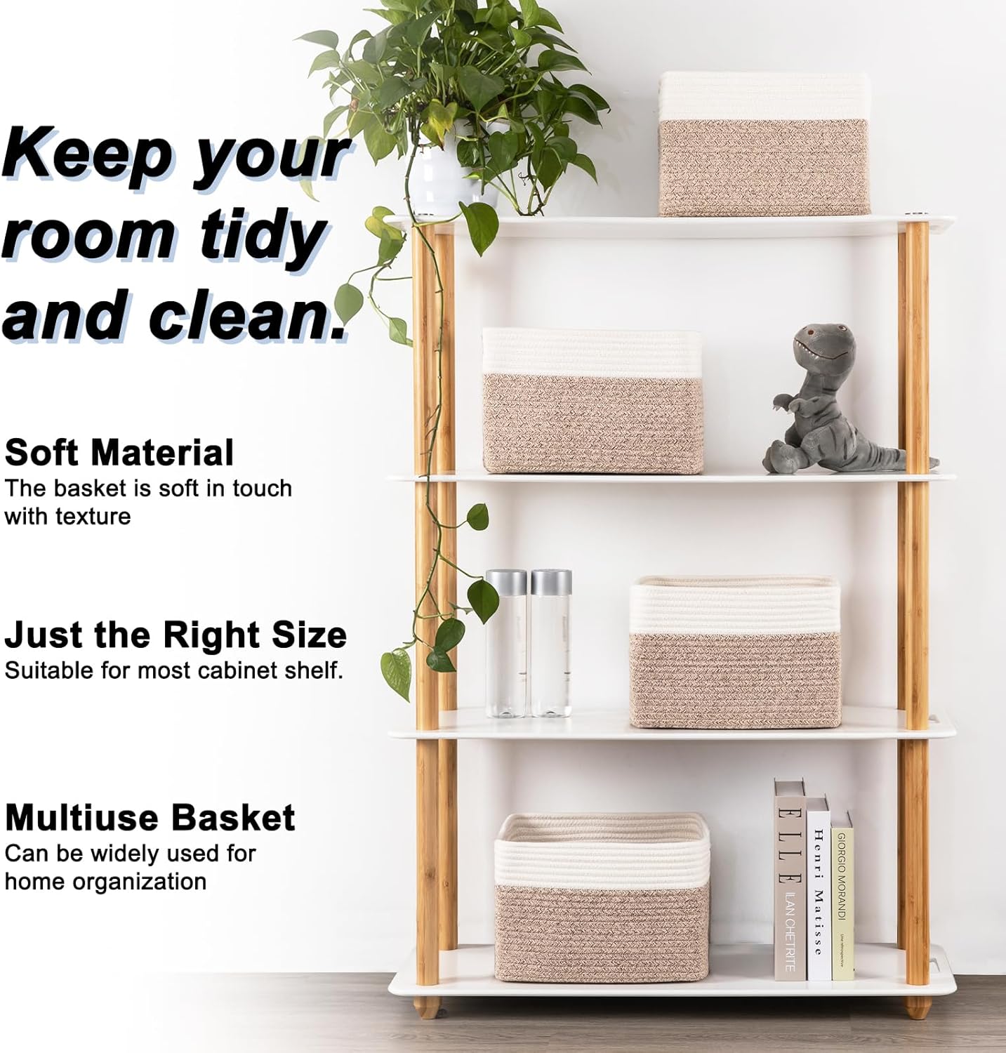 Storage Baskets 4 Pack by [Brand Name] - Durable Woven Organizers for Toys, Books, Towels | 12.7''L x 9''W x 7.8''H, Brown & White