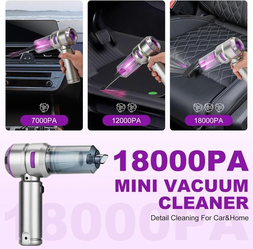 Handheld Car Vacuum - 18000PA High Power Cordless with 4-in-1 Air Duster & Rechargeable Mini Vacuum | Silver Grey & Purple