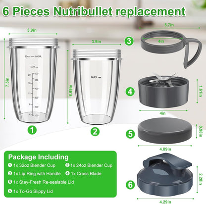 Nutribullet Replacement Blender Cups Set - 32oz & 24oz with To-Go Lid & Lip Ring | 6-Piece Accessory Kit
