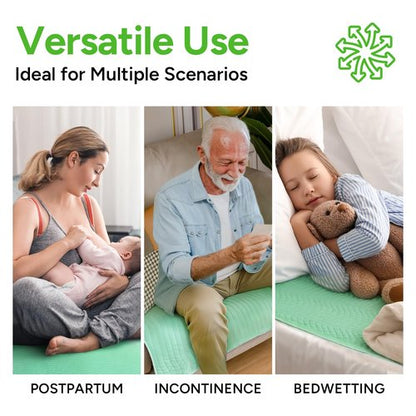 WhyWorry Washable Bed Pads for Adult Incontinence, 34" x 36" (Pack of 2) Washable Pee Pads for Bed Wetting, Heavy Absorbency Reusable Underpads for Elderly & Kids, Waterproof Mattress Protector, Green