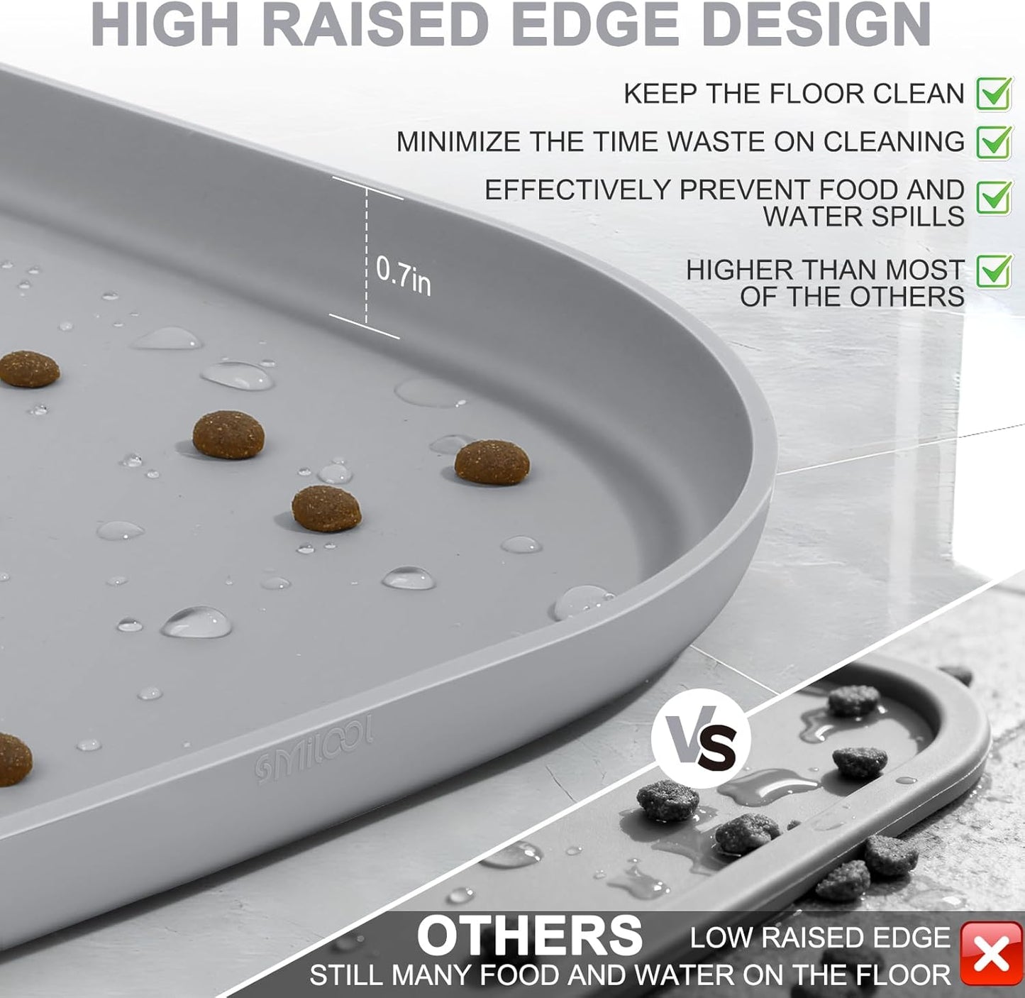 Skiennix Small Silicone Pet Food Mat - Waterproof Design with Raised Edge | 12 x 12 x 0.7 in Light Gray