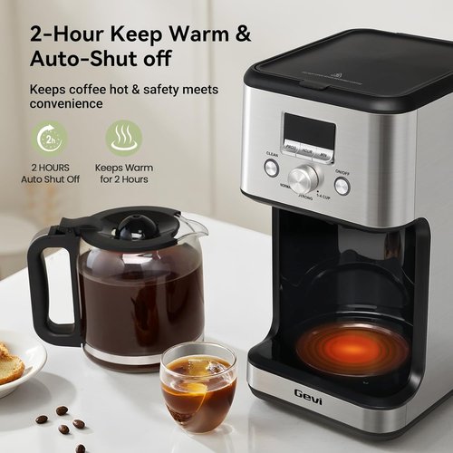 Gevi 14-Cup Programmable Coffee Maker - Drip Machine with Normal & Strong Brew | Silver Glass Carafe
