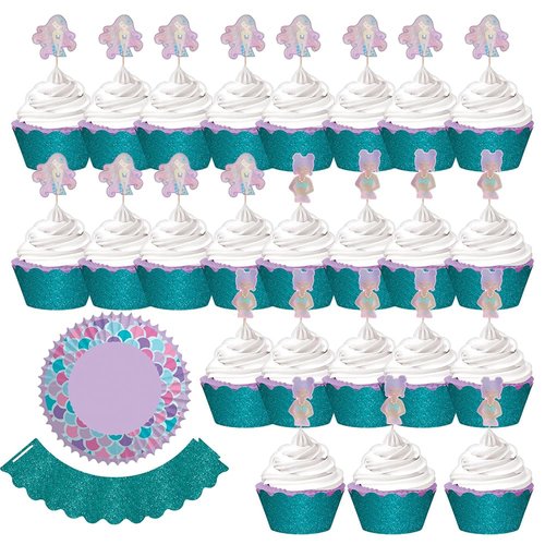 Shimmering Mermaids Cupcake Kit (2") - Pack of 24 - Enchanting Ocean-Themed Cupcake Toppers & Wrappers - Perfect for Magical Under-the-Sea Parties